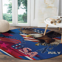 Round Independence Day rug with blue red stars, bald eagle, and 'Happy 4th of July' text