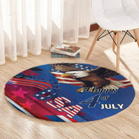 Round blue and red patriotic rug with bald eagle and 'Happy 4th of July'