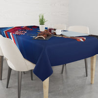 Blue Independence Day tablecloth with red-white stripes on dining table