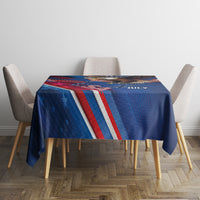 Blue Independence Day tablecloth with diagonal stripes and star accents
