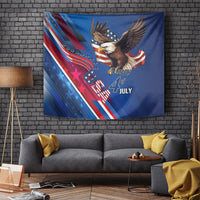 Hanging blue Independence Day tapestry featuring bald eagle, stars, red-white stripes, and “Happy 4 July”