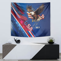 Square blue Independence Day tapestry showing bald eagle, stars, red-white stripes, and “Happy 4 July”