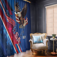 Blue patriotic curtain with eagle emblem and “Happy 4th July” text for window