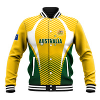 Yellow varsity baseball jacket with white/green panel, striped trim, front zip and logos.