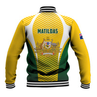Back view of yellow varsity baseball jacket with MATILDAS print, green stripe panels, zip.