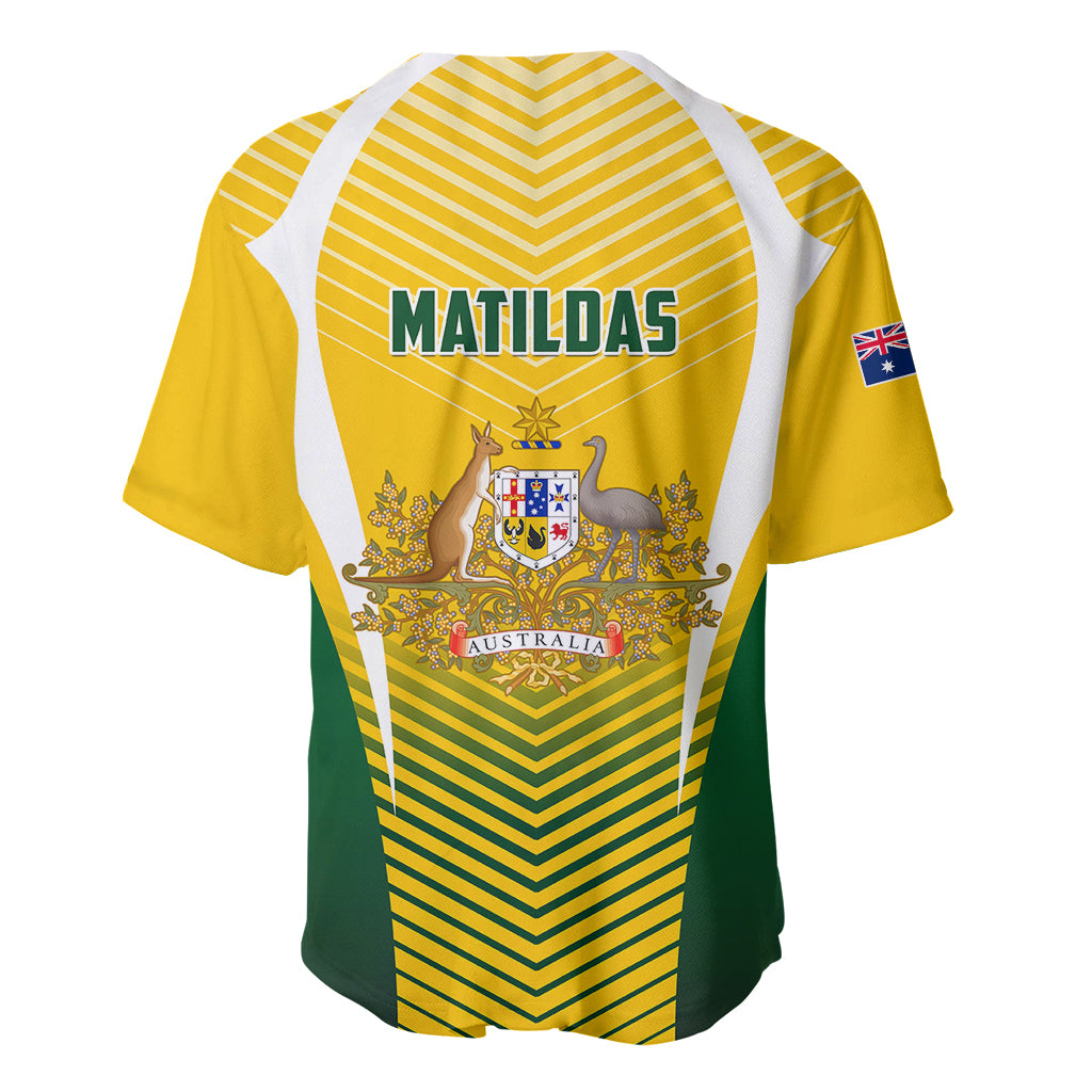 Yellow baseball-style soccer jersey back with white panels, green chevron stripes, MATILDAS