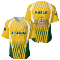 Two yellow soccer jerseys: one front AUSTRALIA, one back MATILDAS with green chevrons