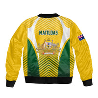 Unisex yellow soccer bomber jacket with MATILDAS back print, white/green panels
