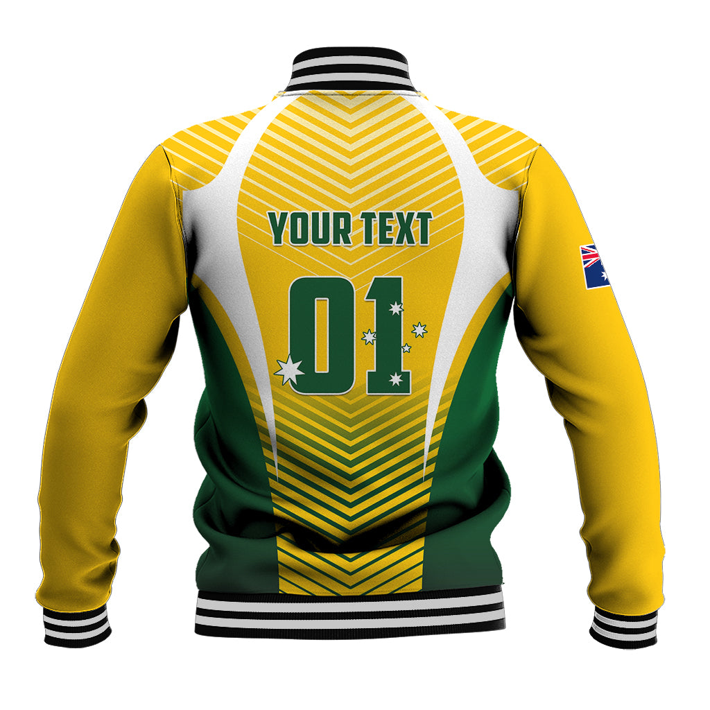 Back view yellow and green varsity baseball jacket with striped panels, YOUR TEXT 01 print