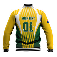 Back view yellow and green varsity baseball jacket with striped panels, YOUR TEXT 01 print