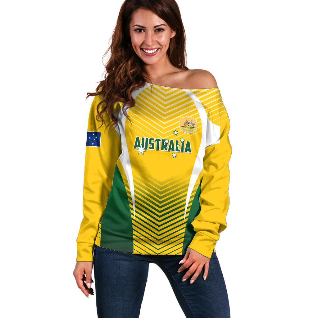 Personalised Australia Soccer Off Shoulder Sweater Matildas Sporty Yellow Version - Wonder Print Shop