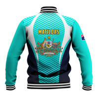 Turquoise baseball jacket back with MATILDAS text, Australia crest, ribbed collar and cuffs