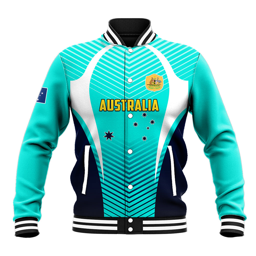 Turquoise and navy baseball jacket with white graphic, striped collar and snap front