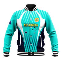 Turquoise and navy baseball jacket with white graphic, striped collar and snap front