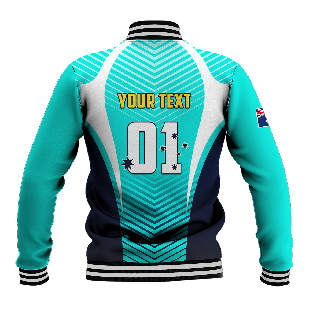 Turquoise and navy baseball jacket back with striped white panel, 'YOUR TEXT' and '01'