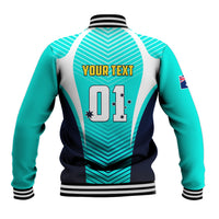 Turquoise and navy baseball jacket back with striped white panel, 'YOUR TEXT' and '01'