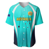 Turquoise soccer baseball jersey with 'AUSTRALIA' front, stars, buttoned V-neck