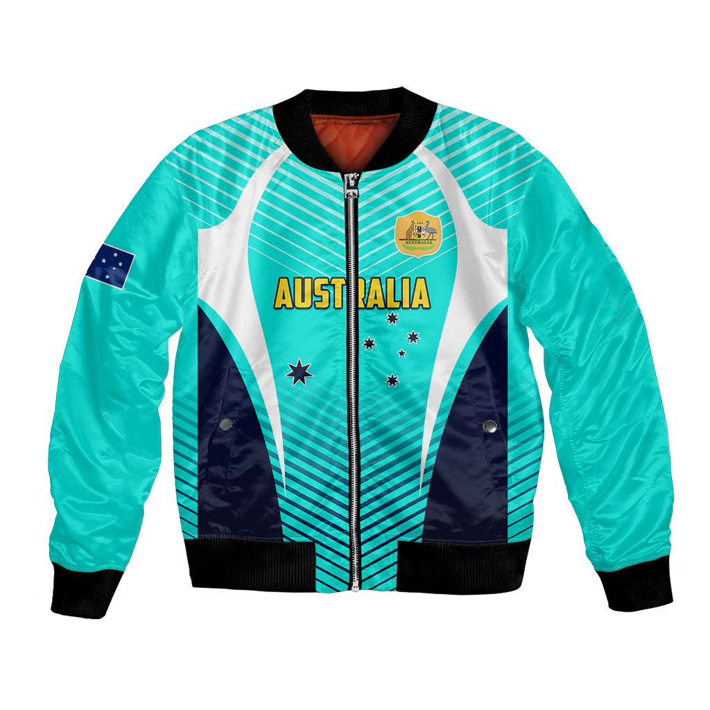 Personalized turquoise soccer bomber jacket with Australia crest, zip front, ribbed collar and cuffs