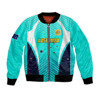 Personalized turquoise soccer bomber jacket with Australia crest, zip front, ribbed collar and cuffs