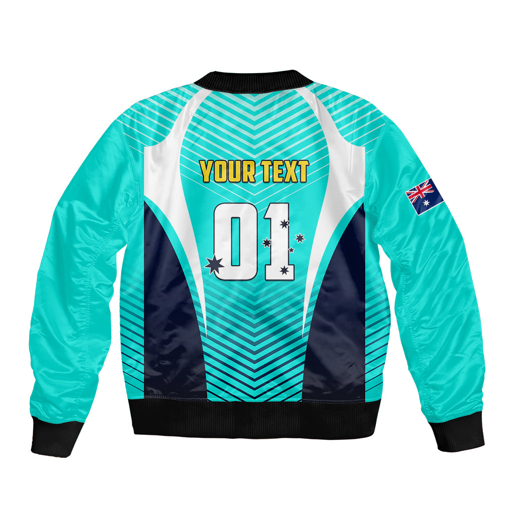 Personalized turquoise soccer bomber jacket with back text graphic, zip front, ribbed hem and cuffs