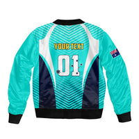 Personalized turquoise soccer bomber jacket with back text graphic, zip front, ribbed hem and cuffs