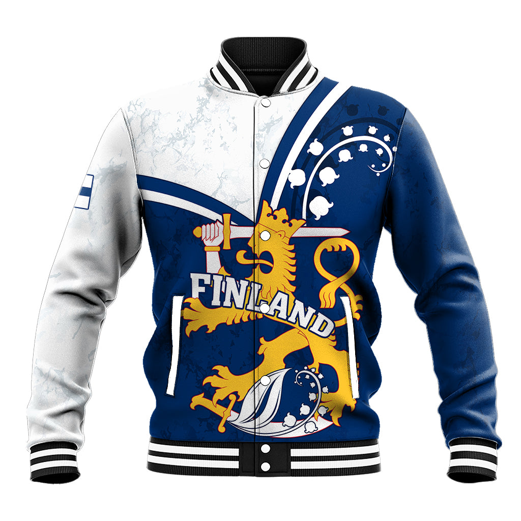 Blue and white varsity baseball jacket with zip front, striped cuffs, lion crest on chest