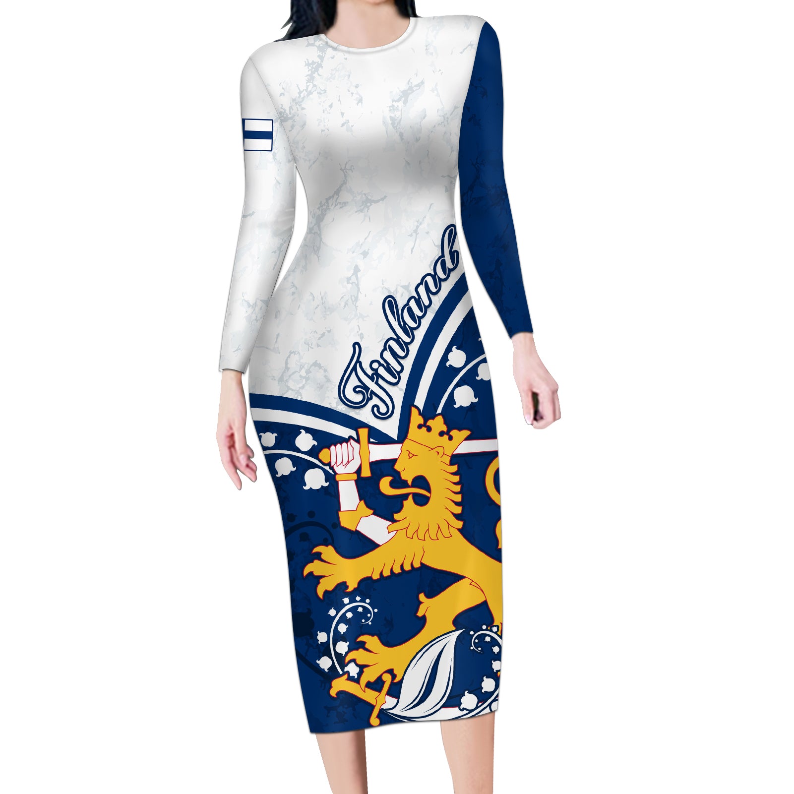 Finland Long Sleeve Bodycon Dress Suomi Lion With Lily of the Valley - Wonder Print Shop