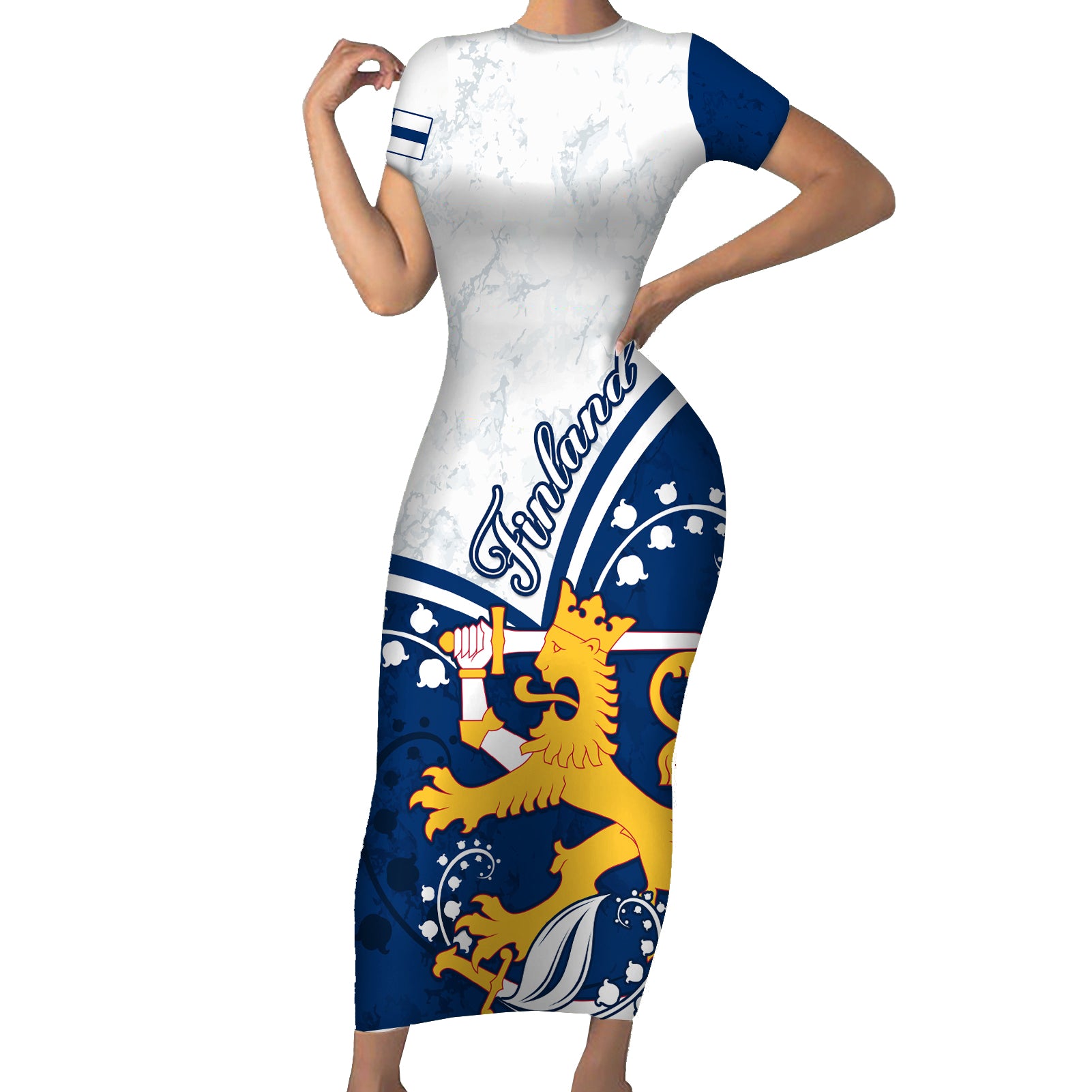 Finland Short Sleeve Bodycon Dress Suomi Lion With Lily of the Valley - Wonder Print Shop