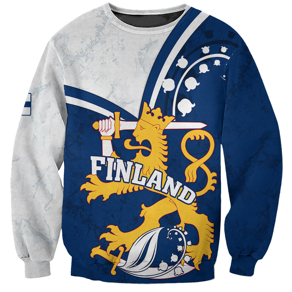 Unisex blue-and-gray sweatshirt with Finland lion graphic, round neck and long sleeves