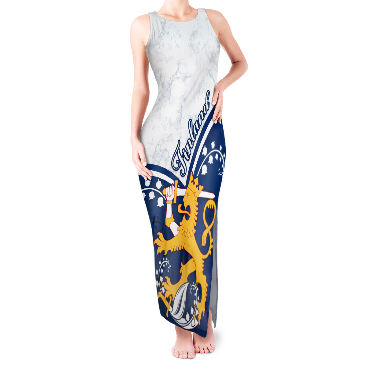 Finland Tank Maxi Dress Suomi Lion With Lily of the Valley - Wonder Print Shop