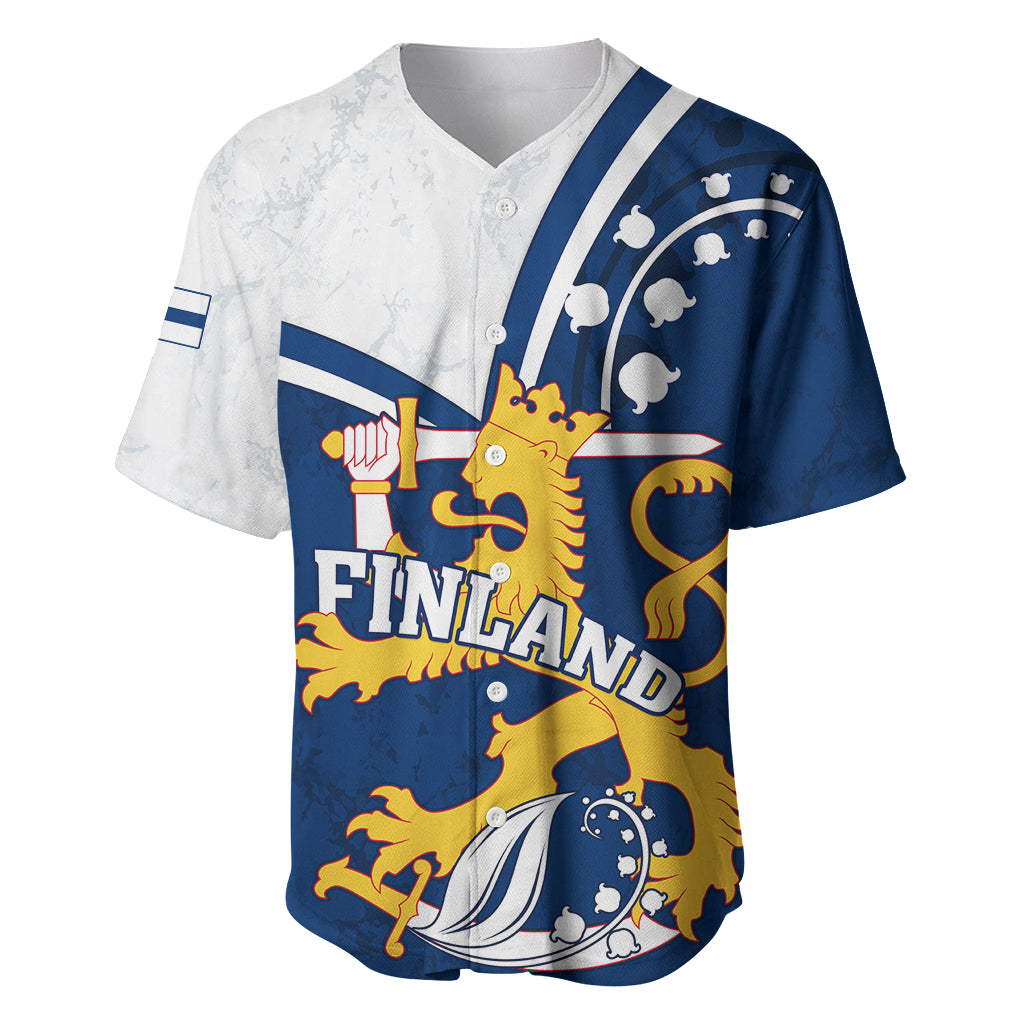 Blue and white baseball jersey with gold lion crest and FINLAND graphic