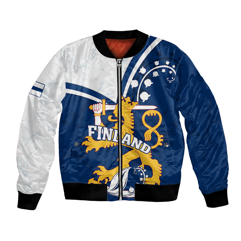Blue and white bomber jacket with full-zip front and large lion crest graphic