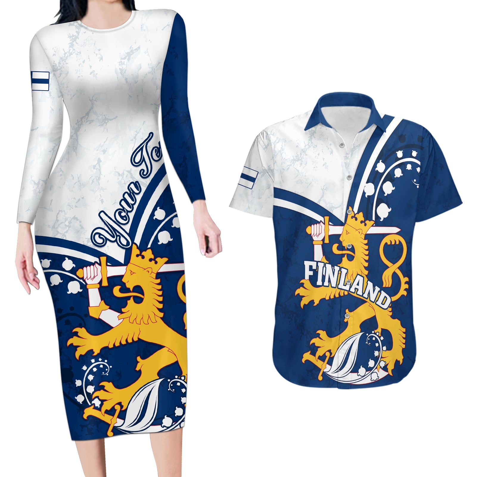 Personalised Finland Couples Matching Long Sleeve Bodycon Dress and Hawaiian Shirt Suomi Lion With Lily of the Valley - Wonder Print Shop