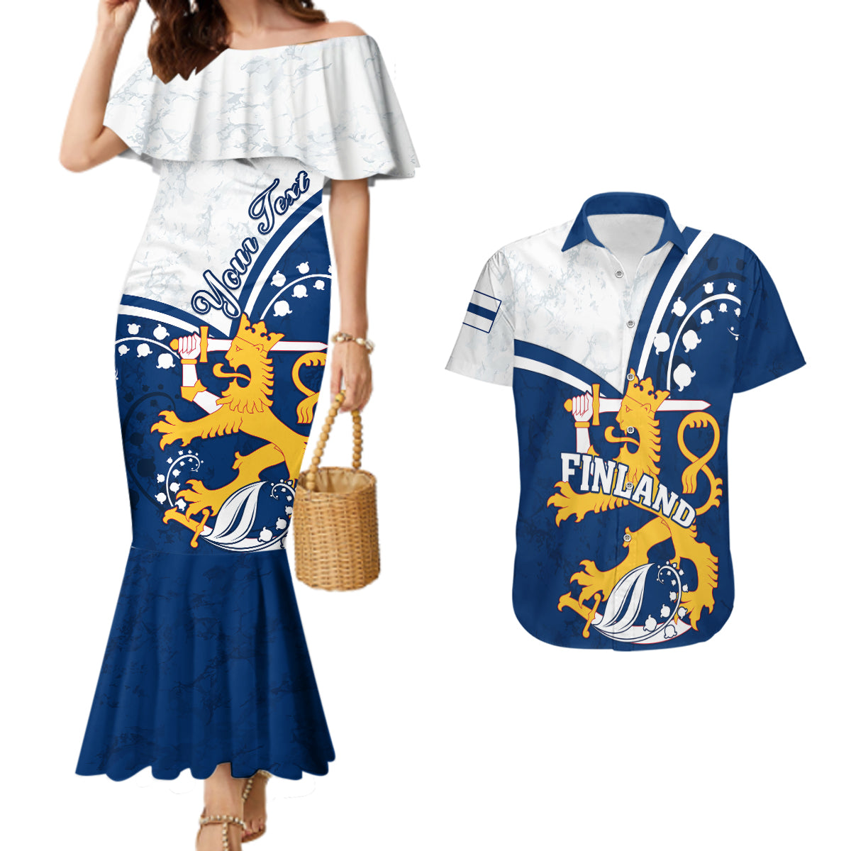 Personalised Finland Couples Matching Mermaid Dress and Hawaiian Shirt Suomi Lion With Lily of the Valley - Wonder Print Shop