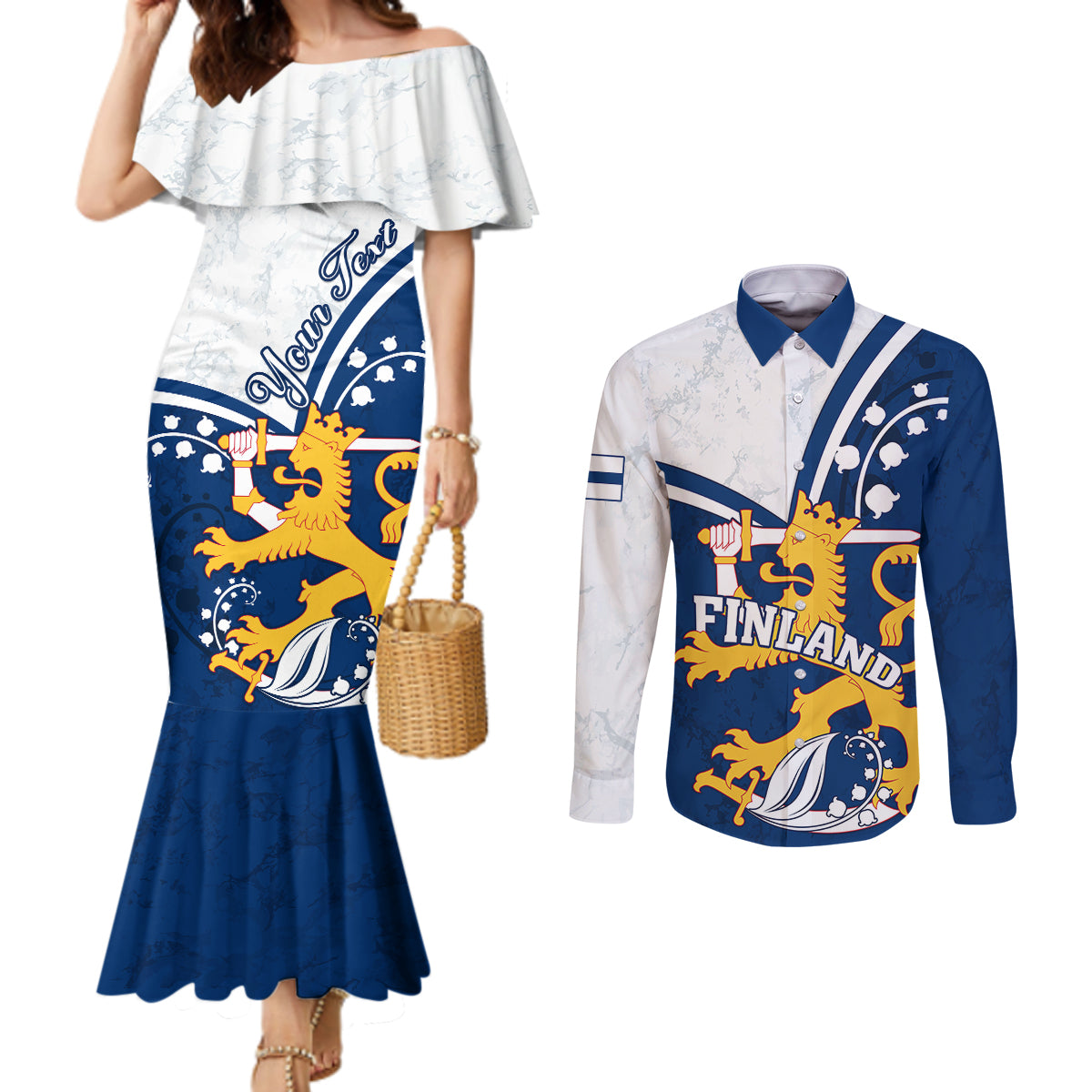 personalised-finland-couples-matching-mermaid-dress-and-long-sleeve-button-shirts-suomi-lion-with-lily-of-the-valley