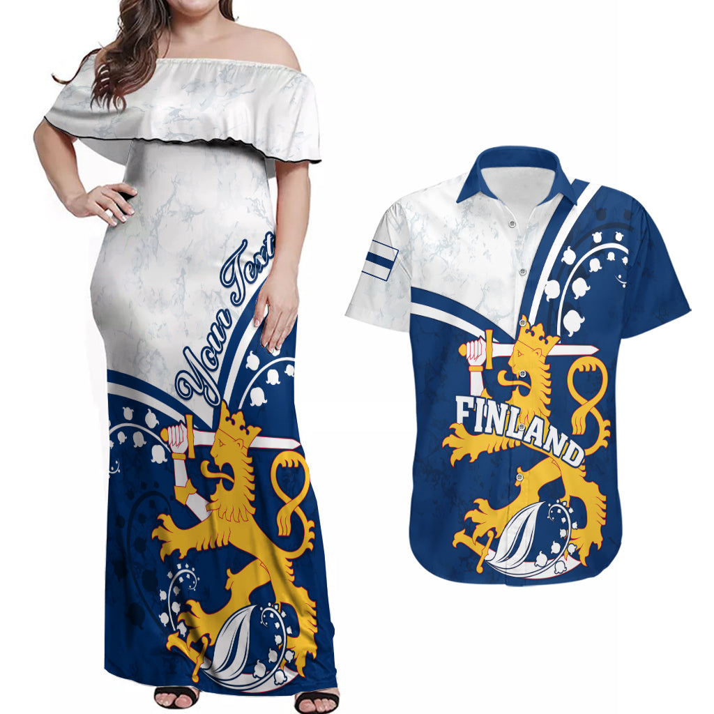 Personalised Finland Couples Matching Off Shoulder Maxi Dress and Hawaiian Shirt Suomi Lion With Lily of the Valley - Wonder Print Shop