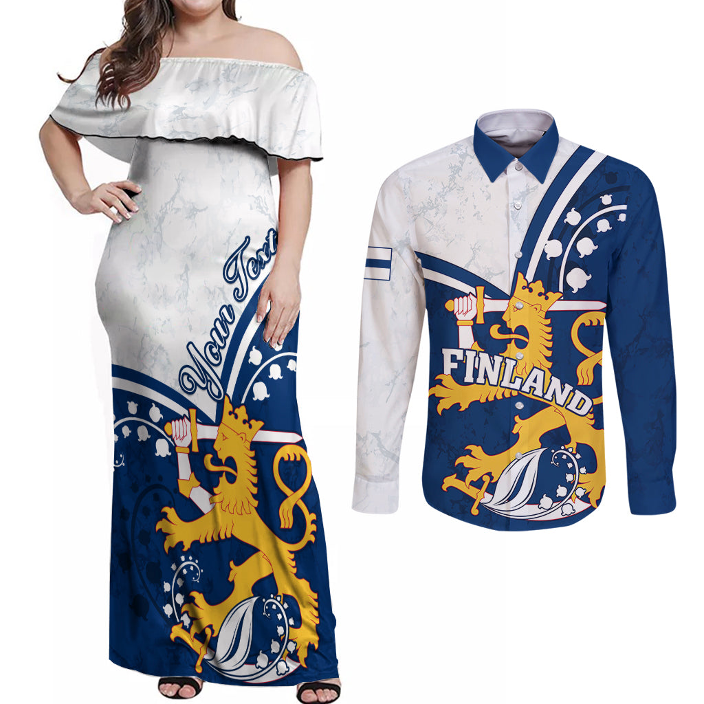 Personalised Finland Couples Matching Off Shoulder Maxi Dress and Long Sleeve Button Shirts Suomi Lion With Lily of the Valley - Wonder Print Shop