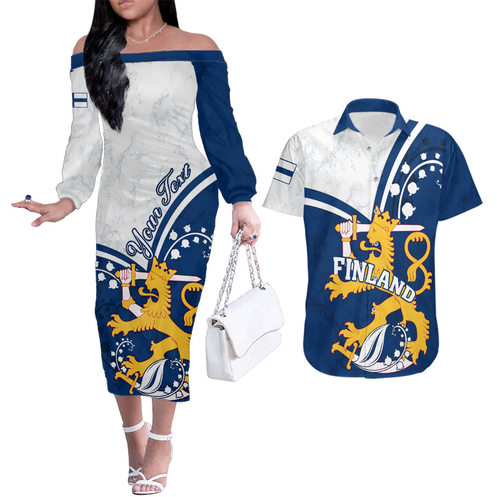 Personalised Finland Couples Matching Off The Shoulder Long Sleeve Dress and Hawaiian Shirt Suomi Lion With Lily of the Valley - Wonder Print Shop