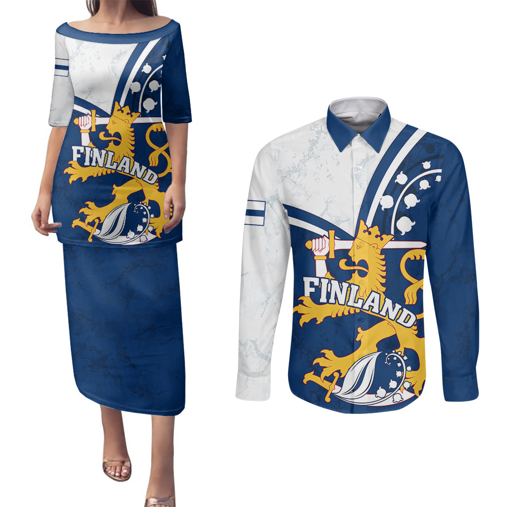 Personalised Finland Couples Matching Puletasi Dress and Long Sleeve Button Shirts Suomi Lion With Lily of the Valley - Wonder Print Shop