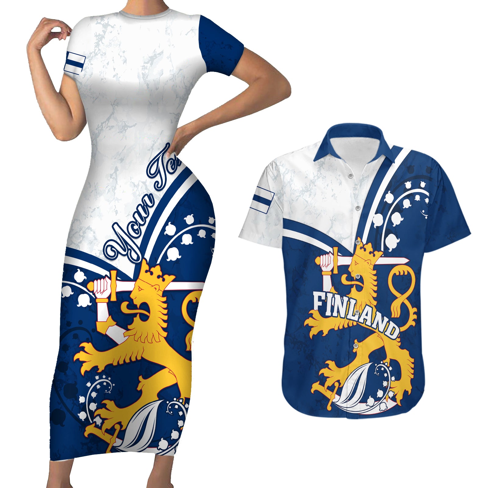 Personalised Finland Couples Matching Short Sleeve Bodycon Dress and Hawaiian Shirt Suomi Lion With Lily of the Valley - Wonder Print Shop