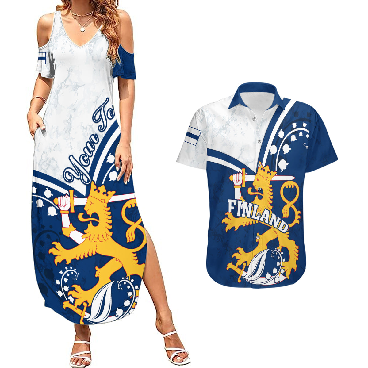 Personalised Finland Couples Matching Summer Maxi Dress and Hawaiian Shirt Suomi Lion With Lily of the Valley - Wonder Print Shop