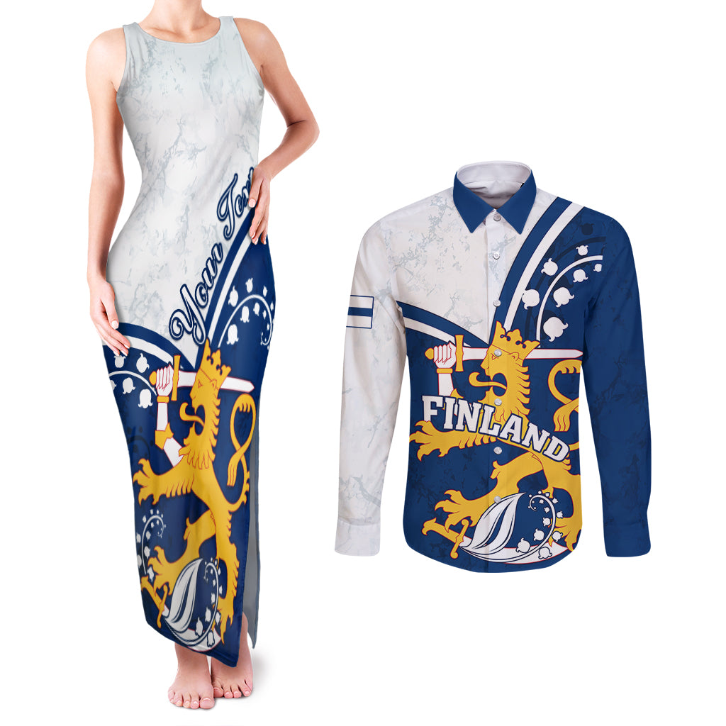 Personalised Finland Couples Matching Tank Maxi Dress and Long Sleeve Button Shirts Suomi Lion With Lily of the Valley - Wonder Print Shop