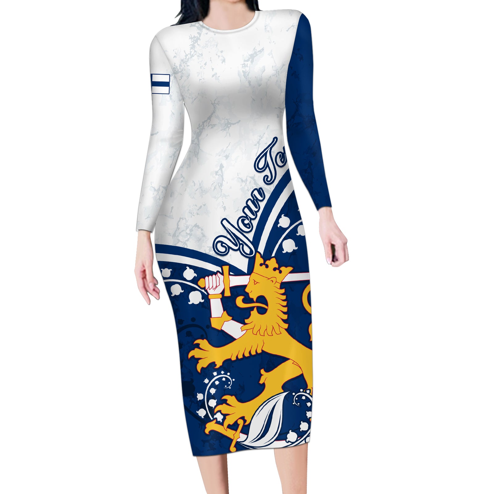 Personalised Finland Long Sleeve Bodycon Dress Suomi Lion With Lily of the Valley - Wonder Print Shop