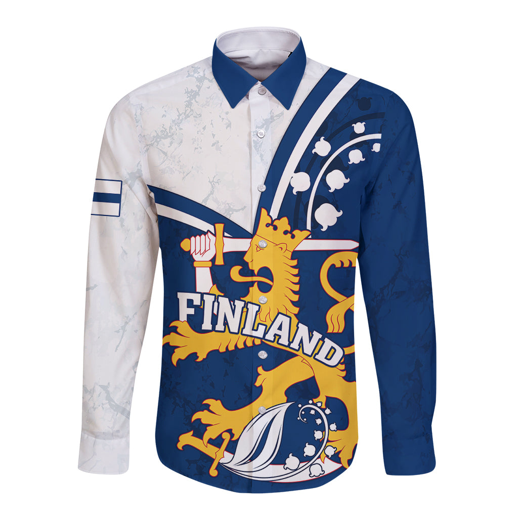 Blue and white long-sleeve button shirt with Finland lion graphic and crest