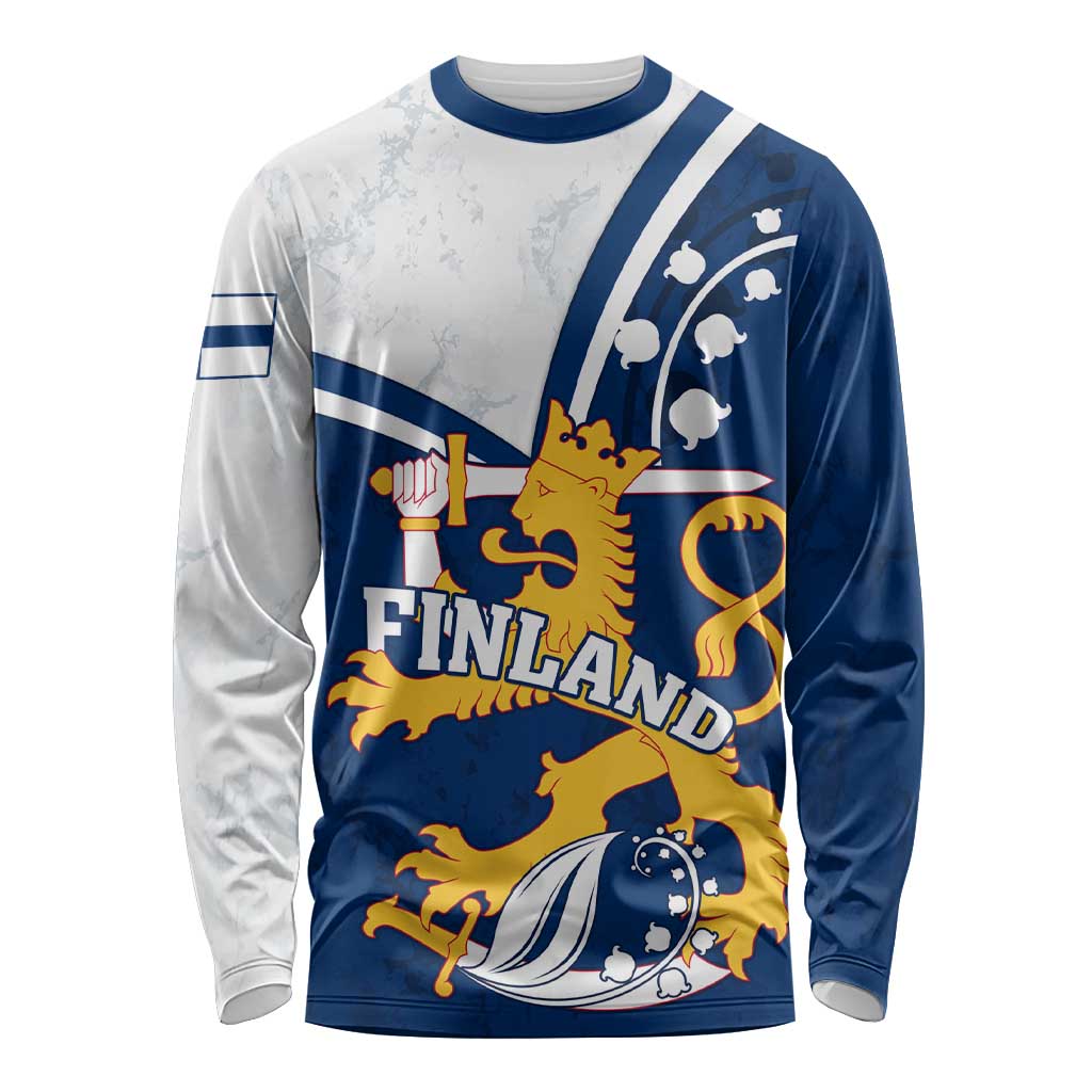 Long-sleeve shirt with blue and white lion graphic and Finland text, crew neck