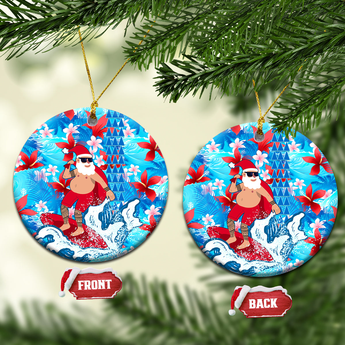 Blue ceramic Santa surfing tropical ornament with wave and floral pattern, circle shape