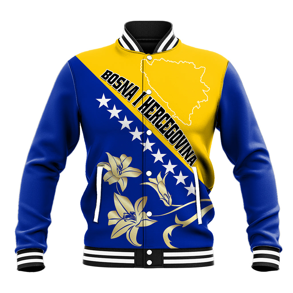 Blue/yellow baseball jacket with ribbed collar; stars, lilies, Bosnia Herzegovina graphic