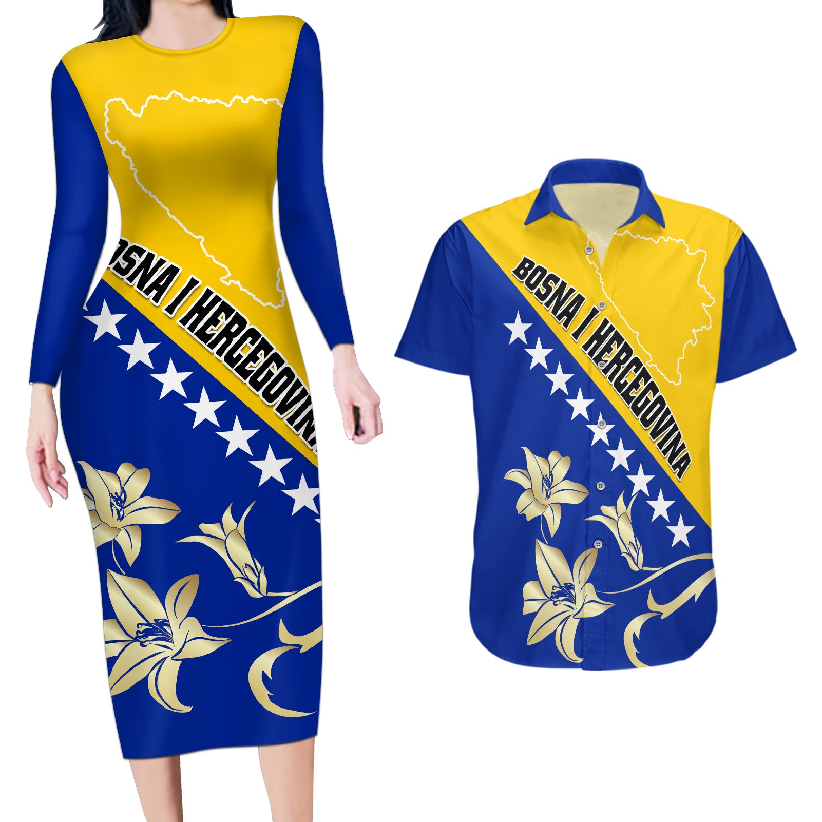 Bosnia and Herzegovina Independence Day Couples Matching Long Sleeve Bodycon Dress and Hawaiian Shirt Bosna i Hercegovina Lily - Wonder Print Shop