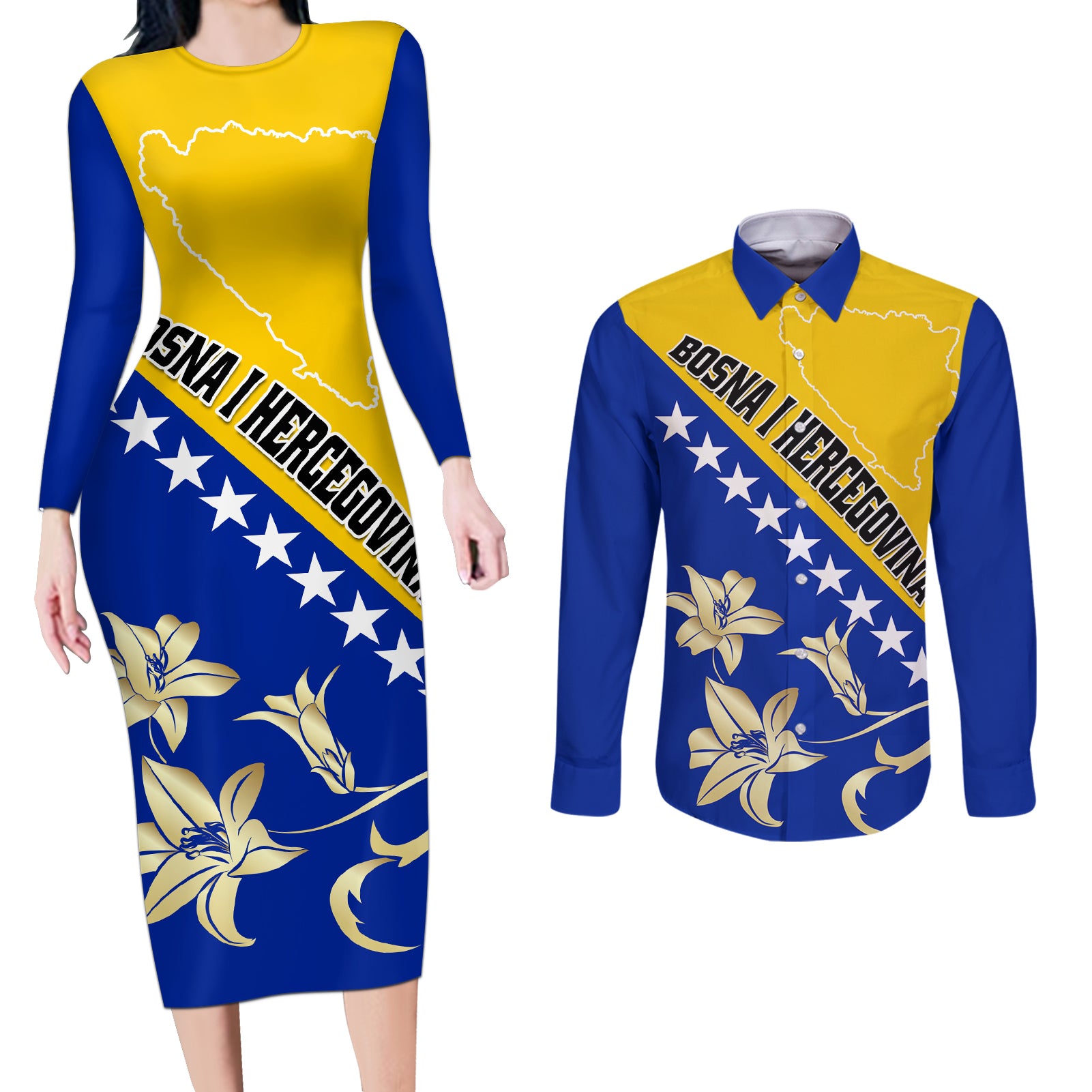 Bosnia and Herzegovina Independence Day Couples Matching Long Sleeve Bodycon Dress and Long Sleeve Button Shirt Bosna i Hercegovina Lily - Wonder Print Shop