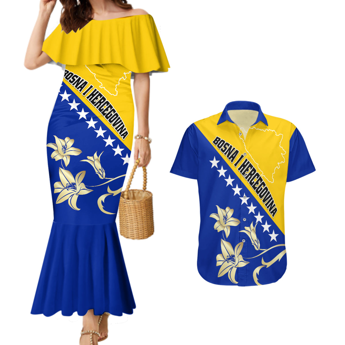 Bosnia and Herzegovina Independence Day Couples Matching Mermaid Dress and Hawaiian Shirt Bosna i Hercegovina Lily - Wonder Print Shop